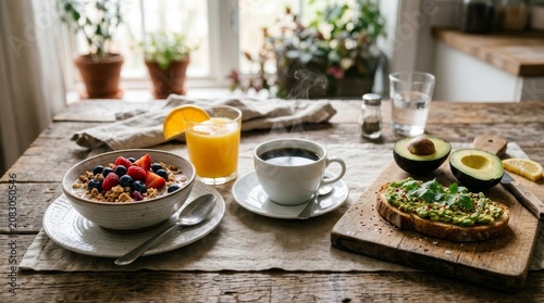 Breakfast table with healthy food options.
