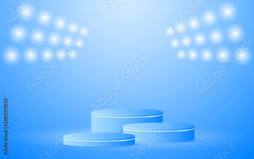 Multi-layered blue podium with white lines and spotlights shining down for product presentation. Display of cosmetic products. Stage or podium. vector illustration