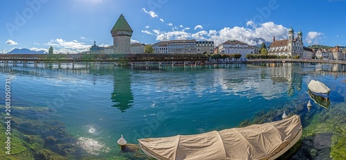 Panoramic View of Chapel Bridge and Jesuit Church in Lucerne Switzerland
