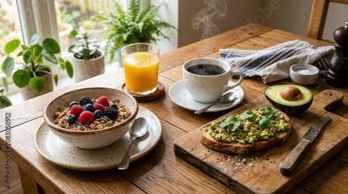 Breakfast table with healthy food.