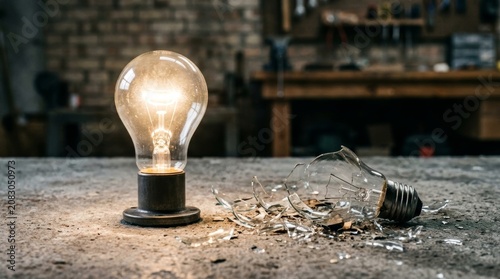 Light Bulb On Workbench With Broken Bulb.