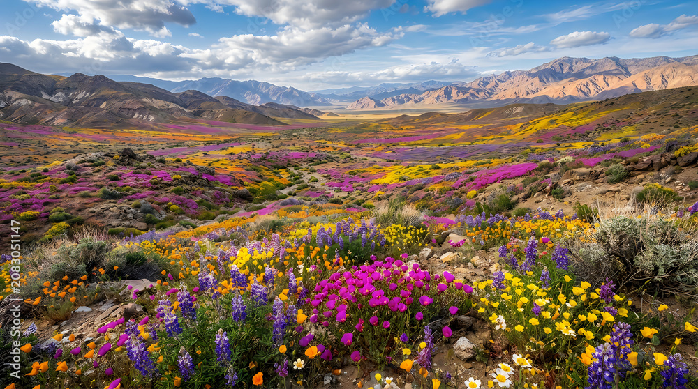 Obraz premium Vibrant wildflower field with colorful blooms under blue sky