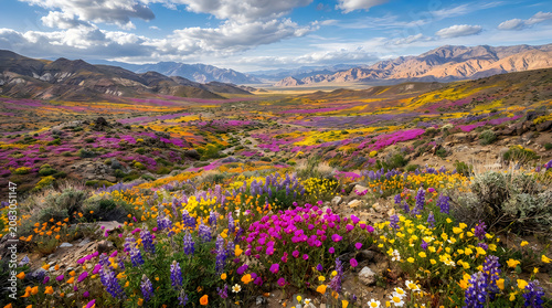 Vibrant wildflower field with colorful blooms under blue sky