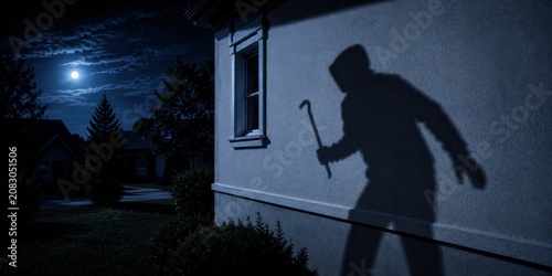 Shadow of a burglar holding a crowbar outside a residential house at night. Burglary attempt, forced entry, home invasion, property crime, residential security and crime prevention concept