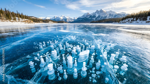 Frozen icebergs floating in a glacial lake with mountains