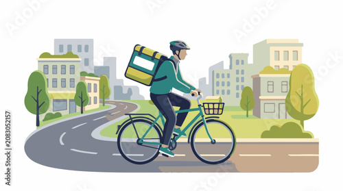 Delivery person on bicycle navigates urban streets with large backpack