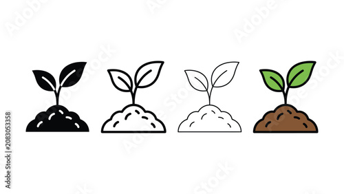 Photos Four plant sprouts growing in different colored soil mounds