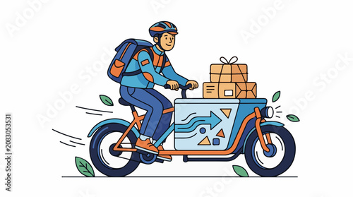 Delivery person on cargo bike with packages and leaves