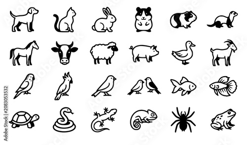 Fotografie Domestic Pets and Farm Animals Line Icon Set Featuring Dog Cat Rabbit Hamster Ho
