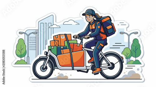 Delivery person on cargo bike with packages in city