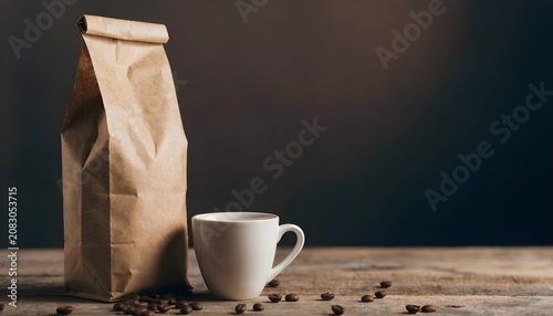 Still life product mockup of coffee beans and roasted coffee cup on rustic wooden table with warm low light background