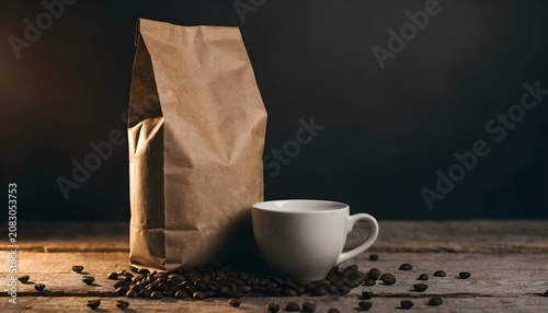 Freshly Ground Coffee Beans Beside White Cup on Rustic Wooden Table in Warm Low Light