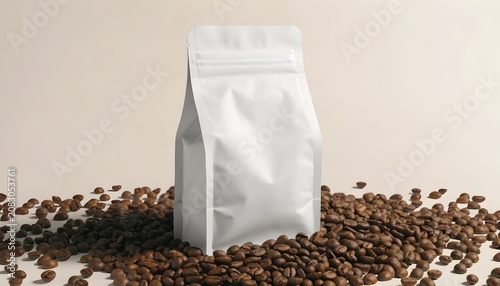 Standing empty white paper bag on scattered coffee beans minimal product packaging display