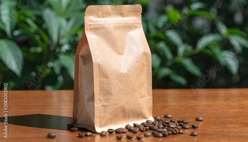 Spilled coffee beans from open kraft paper bag on wooden table with green foliage background
