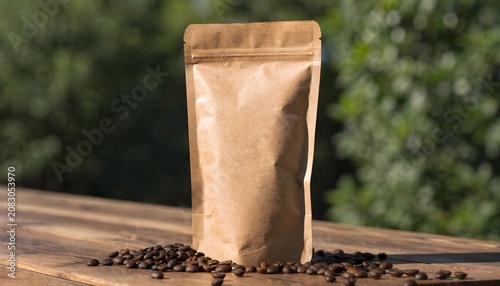 Standing kraft paper bag with coffee beans spilling on wooden surface in natural outdoor light
