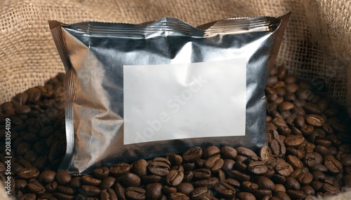 Fresh coffee beans spilling from open silver foil bag on burlap sack in warm natural light
