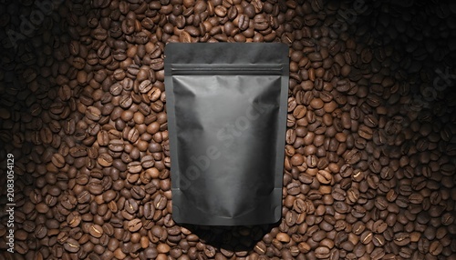 Top-down view of matte silver pouch filled with roasted coffee beans on dark textured surface