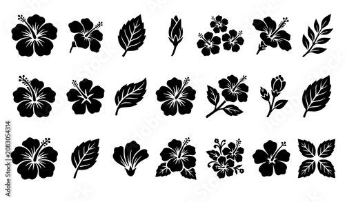 Tropical Hibiscus and Exotic Plumeria Floral Solid Silhouette Icon Set Featuring Blossoms Leaves Buds and Frangipani Botanical Vector Graphic Elements