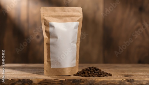 Close up of kraft paper coffee bag with whole beans on wooden table in warm natural light