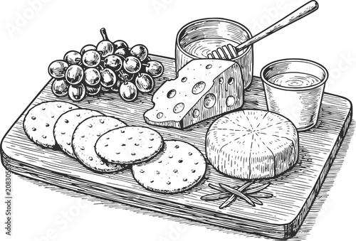 Hand drawn cheese platter with crackers grapes and condiments vintage sketch illustration