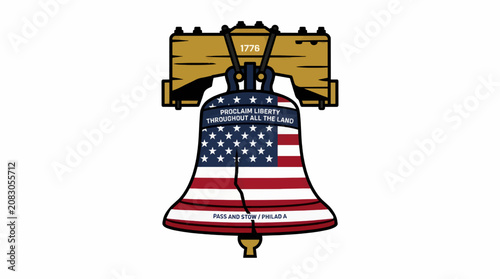 Canvas Print Flat Vector Illustration of the Liberty Bell with American Flag Design, 1776 a