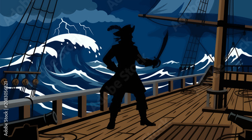 Obraz na płótnie Flat Vector Illustration of Pirate Captain Silhouette on Ship Deck During Stormy