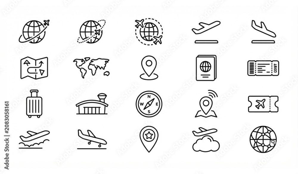 Fototapeta premium Travel, Tourism, and Flight Line Icon Set