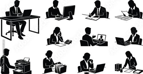 Office Worker and Business Professional Silhouette Icons Set with Computer and Laptop