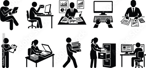 Office Work and Administrative Tasks Silhouette Icon Collection