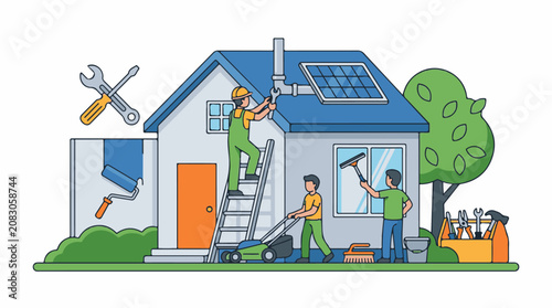 A house with workers on and around it performing maintenance tasks like cleaning and repairing