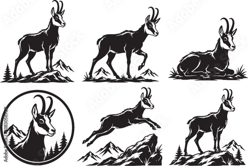 Obraz na płótnie Chamois Silhouette Icon Set Collection Black Vector Alpine Mountain Goat Wildlif