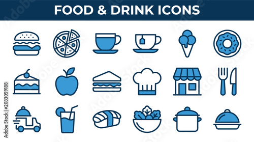 Food and drink outline icon set featuring restaurant meals desserts and delivery symbols