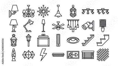 Canvastavla Collection of various lighting fixtures and electrical symbols in line art style