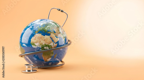 wrapped earth in a stethoscope on a plain background for healthcare and wellness themes in global health contexts with plastic and metal materials and neutral mood.