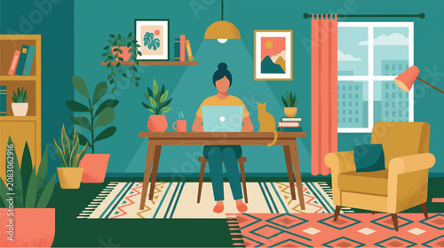 Quadro su tela Woman working from home on laptop in cozy green room with houseplants and a cat