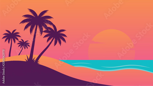 Beautiful tropical beach sunset with palm trees silhouette vector illustration, summer paradise ocean landscape