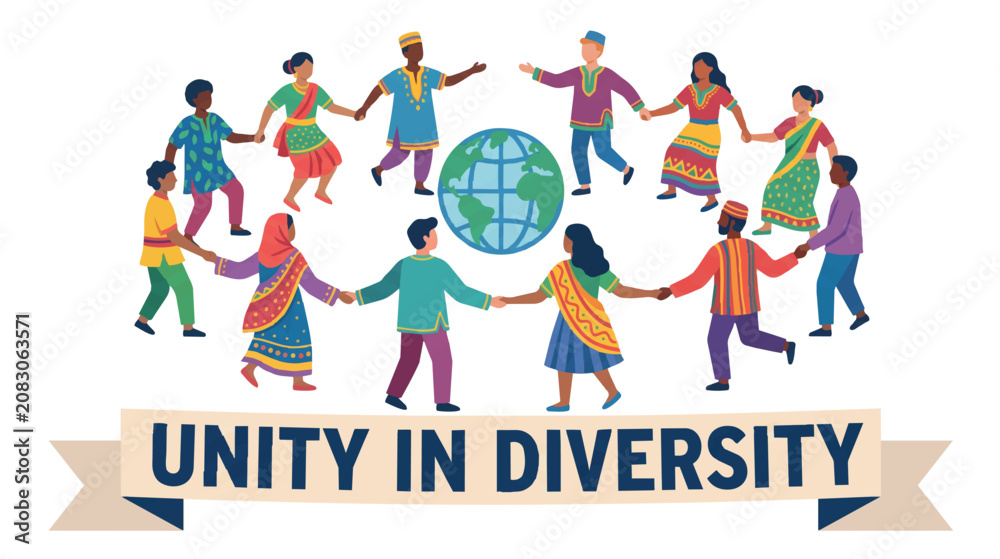 Naklejka premium Diverse multicultural people holding hands around the globe, unity in diversity global community vector illustration