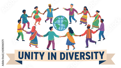 Fotografie Diverse multicultural people holding hands around the globe, unity in diversity