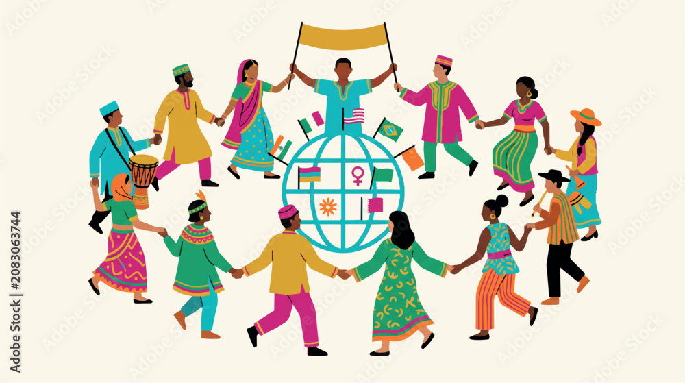 Fototapeta premium Multicultural group of people holding hands around the globe with flags, global community unity in diversity vector illustration