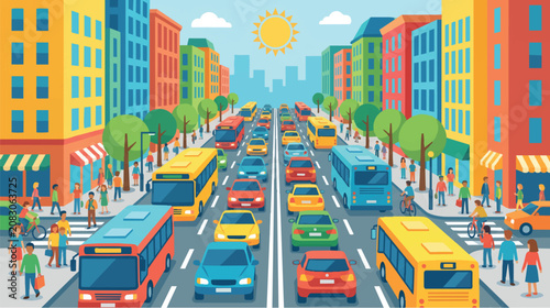 Photos Busy city street traffic with colorful cars and public buses vector illustration