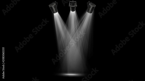 Realistic white light beam spotlight on black background.