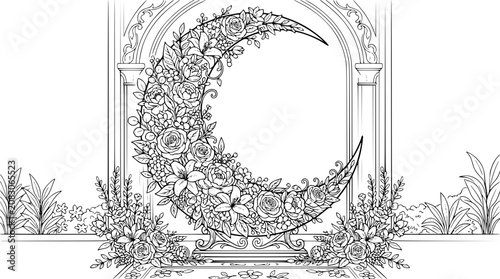 Floral Crescent Moon Coloring Page for Adults with Architectural Arch