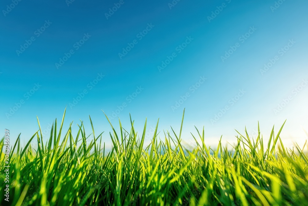 Fototapeta premium Fresh green grass under clear blue sky