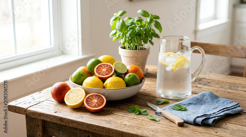 citrus fruits and lemonade arrangement on a wooden table in a kitchen or dining area, close-up, slightly elevated angle, fresh and refreshing, healthy lifestyle, summer drinks, food, food.