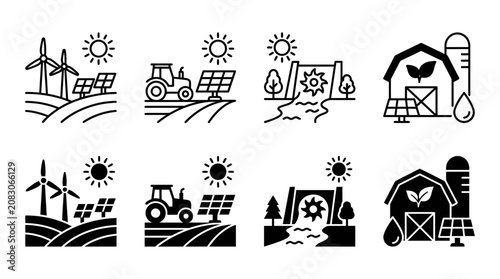 Renewable energy and sustainable agriculture farming icon set with solar wind and water power agriculture sustainabili