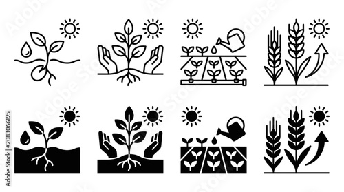 Plant care and crop farming icon set with agriculture sunlight watering irrigation environment protection agronomy