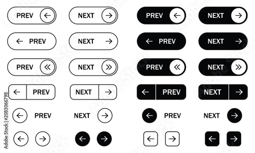 Navigation button icons featuring previous, next, arrow, interface, and navigation elements in outline and filled styles for websites, mobile apps, pagination, and user interface design.