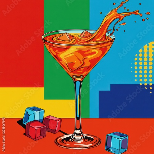 Refreshing Orange Cocktail Splash with Ice Cubes and Dynamic Motion in Elegant Glass Presentation