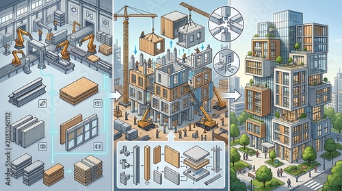 Modern modular building construction process from factory to site