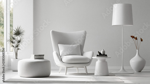 Принти на полотні Modern living room features a sleek gray chair and minimalist decor with natural